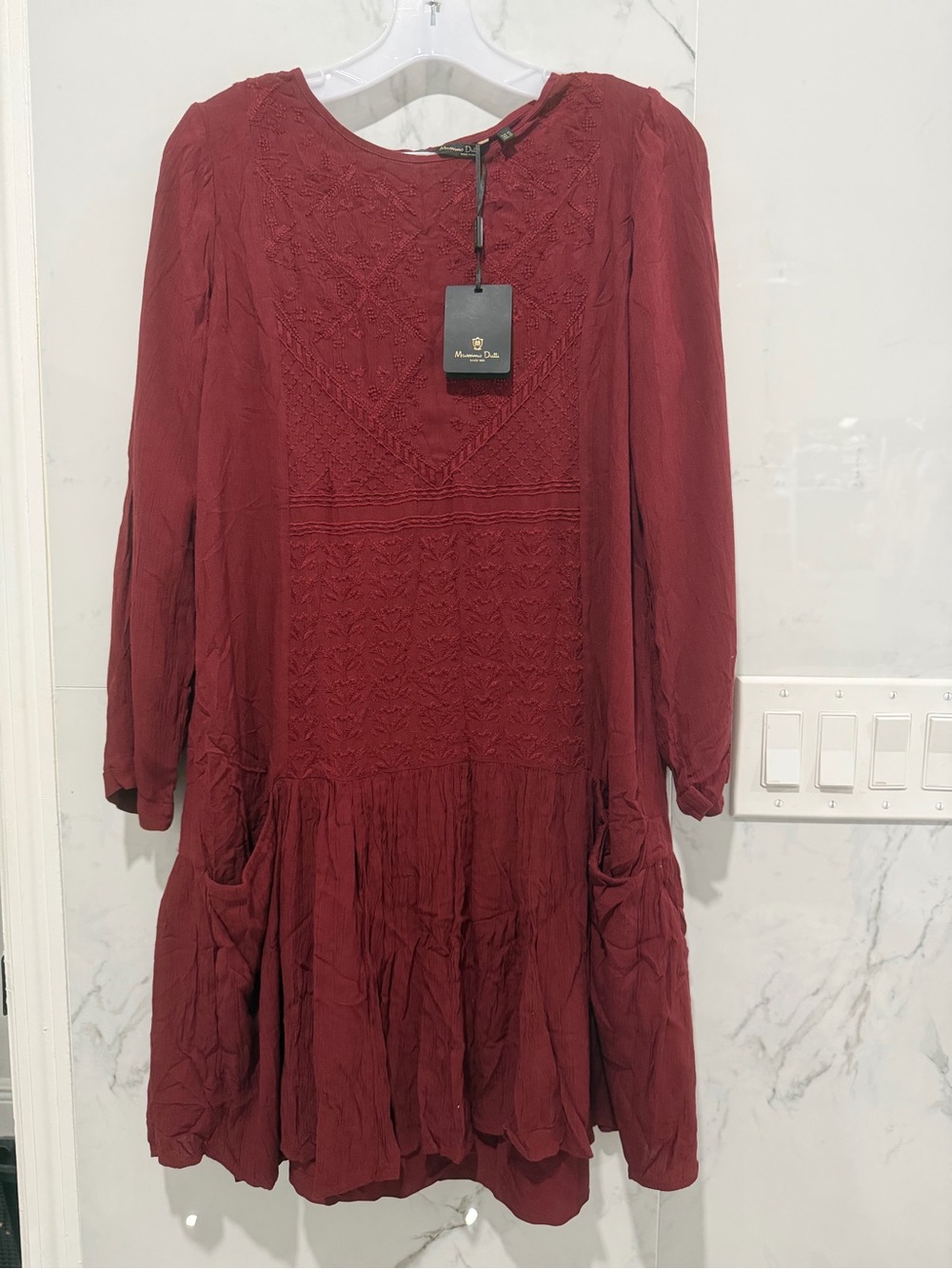 Massimo Dutti Burgundy Long-Sleeve Embroidered Tunic Dress